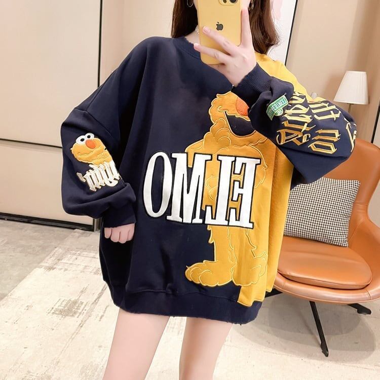 ゆったりとした重工業刺繍漫画長袖トップ<F-5083>