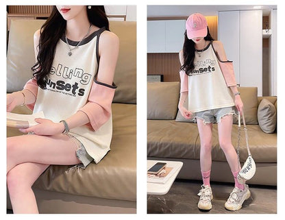 話題沸騰中   ロゴ 肌見せ 肩開き ゆったり 3色半袖Tシャツ＜F-8212＞