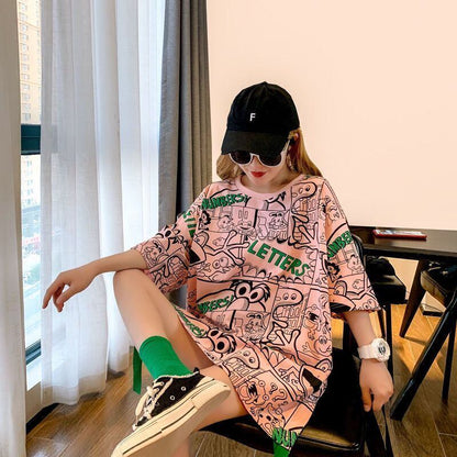超人気 アバンギャルド 個性派 ラウンドネック プリント全2色 半袖Tシャツ<F-8720>