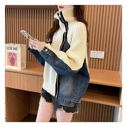 超人気商品ハイネック   切り替えニットゆったりデニムジャケット全2色コート<F-4641>