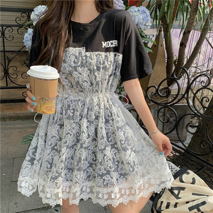 売れ筋   レース 膝丈 半袖 Tシャツワンピース ＜F-1953＞