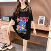 ファッションデザインレースミドル丈半袖Tシャツ<F-3017>