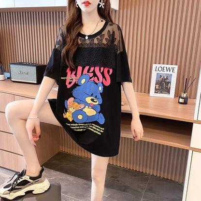 ファッションデザインレースミドル丈半袖Tシャツ<F-3017>