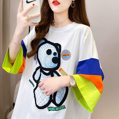超人気商品   ベアー柄 プリント ロング Tシャツ ゆったりワンピース ＜F-4024＞