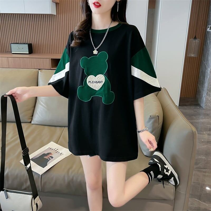 カジュアルルーズワッペン刺繍ステッチカラーブロック半袖Tシャツ<F-2870>