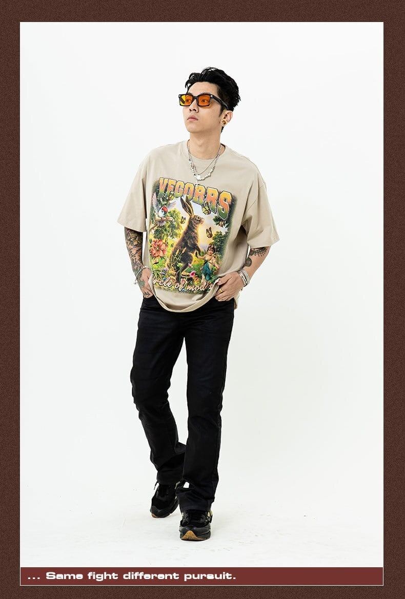 アメリカンレトロ絵画ウサギ半袖Tシャツカップル男女同スタイル<F-2910>