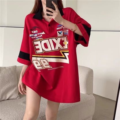 韓国系   POLOネック ロング Tシャツ 三色 ゆったりワンピース＜F-4025＞