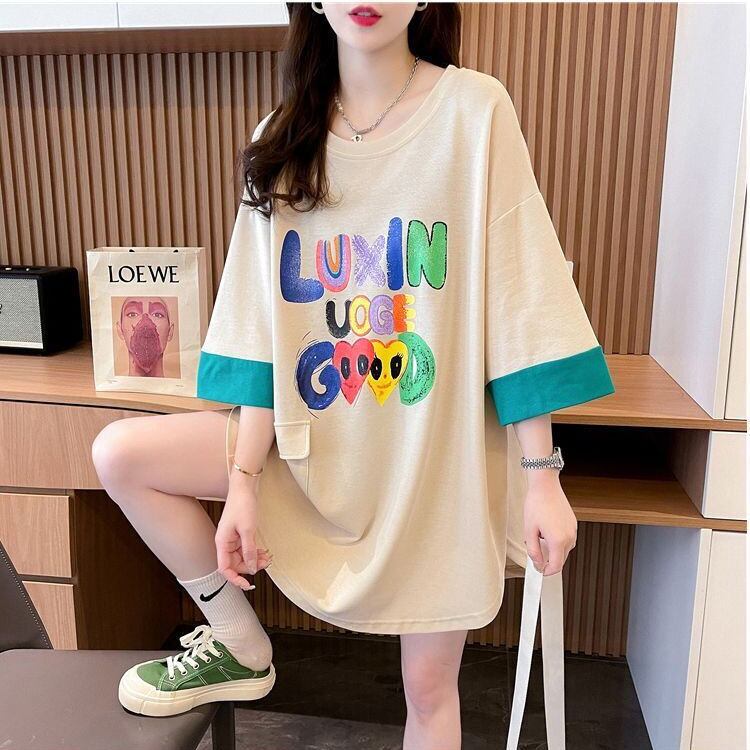絶対欲しい プリント ラウンドネック 切り替え 全2色 半袖Tシャツ ＜F-8672＞