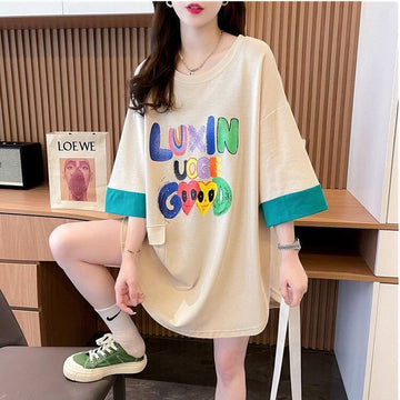 絶対欲しい プリント ラウンドネック 切り替え 全2色 半袖Tシャツ ＜F-8672＞