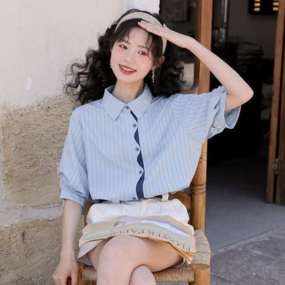好感度UP 上質 美人度アップ 知的 ストライプ柄 3色選択 半袖シャツ＜F-9047＞