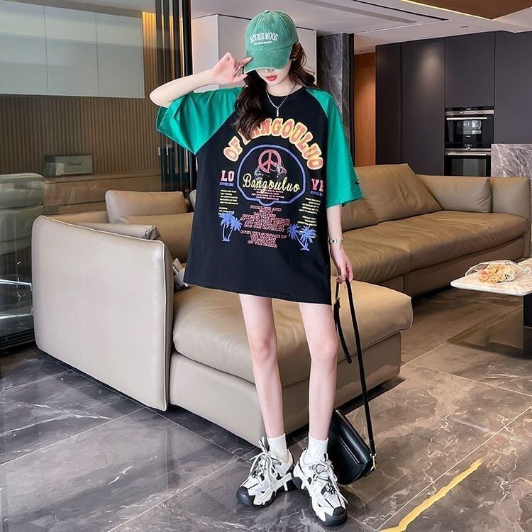 夏新作   プリント ラグランTシャツ 三色 ゆったりワンピース ＜F-4003＞