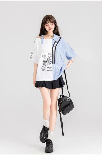 話題沸騰中 キュートストライプ柄 ファッション 切り替え 半袖Tシャツ＜F-8695＞