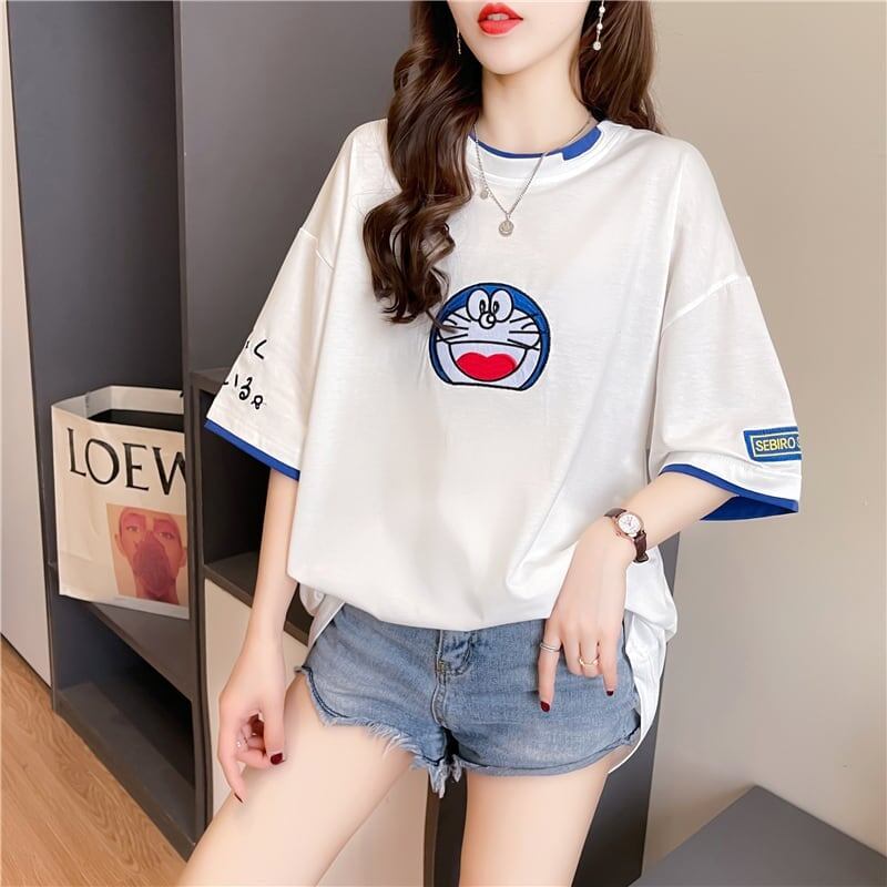 韓国系 ドロップショルダー 刺? レイヤードTシャツ ゆったり半袖 ＜F-3053＞
