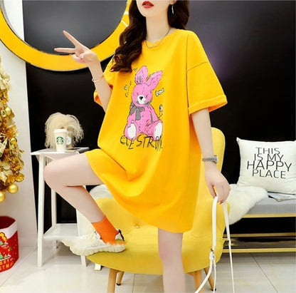 背中開きルーズオールマッチミドル丈ラウンドネック半袖Tシャツ<F-3027>