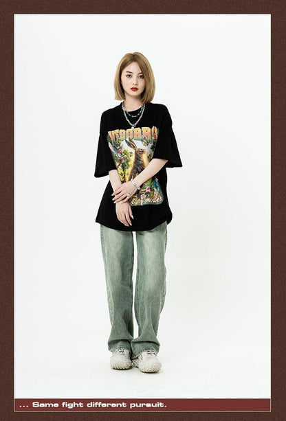 アメリカンレトロ絵画ウサギ半袖Tシャツカップル男女同スタイル<F-2910>