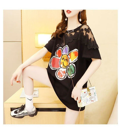 大人可愛い 切り替え レース 透かし彫り プリント全2色 半袖Tシャツ カットソー ＜F-8560＞