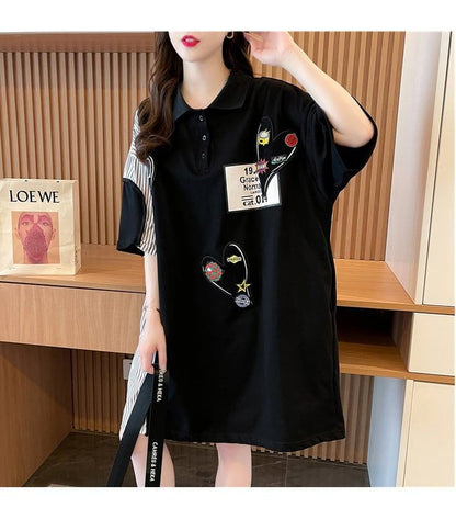 POLOネック 切り替え ストライプ柄 ロング Tシャツ ゆったりワンピース ＜F-3031＞