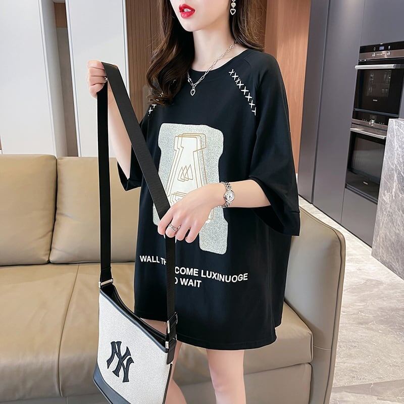 超人気商品 ロング アルファベット プリントTシャツ 三色 ゆったり半袖 ＜F-4019＞