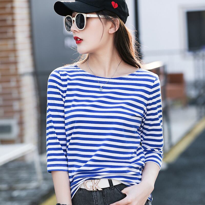 お買い得 定番シンプル 大活躍 着心地抜群 ストライプ柄 全4色 7分袖 Tシャツ ＜F-9134＞
