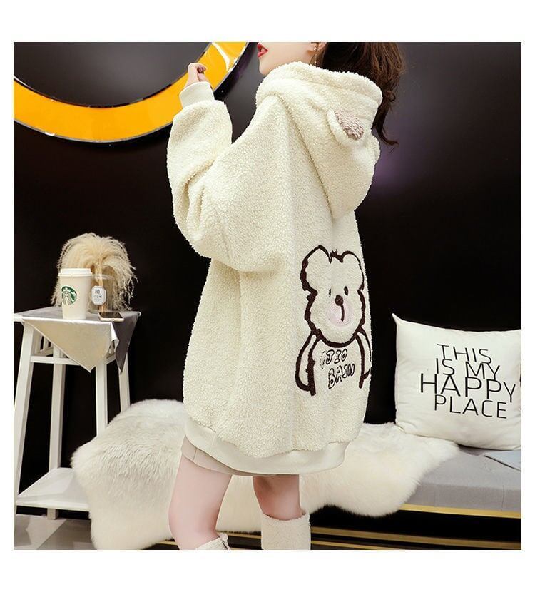 大人可愛いクマちゃんロゴもこもこ厚手フード付きパーカー全3色<F-4696>