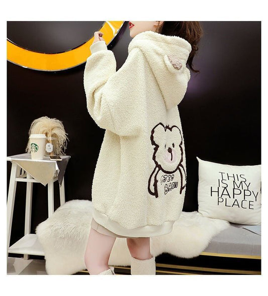 大人可愛いクマちゃんロゴもこもこ厚手フード付きパーカー全3色<F-4696>