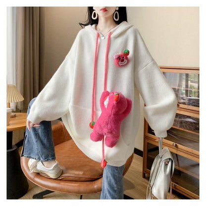 カワイイクマちゃんぬいぐるみ付きニットフード付きパーカ全4色<4537>