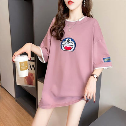 韓国系 ドロップショルダー 刺? レイヤードTシャツ ゆったり半袖 ＜F-3053＞