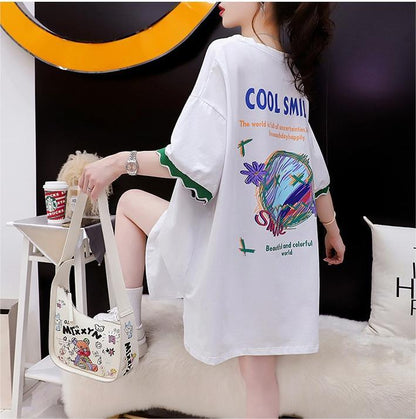 【半額！期間限定！！】デザインセンスニッチなミドル丈半袖Tシャツ2023新スタイルF-3007