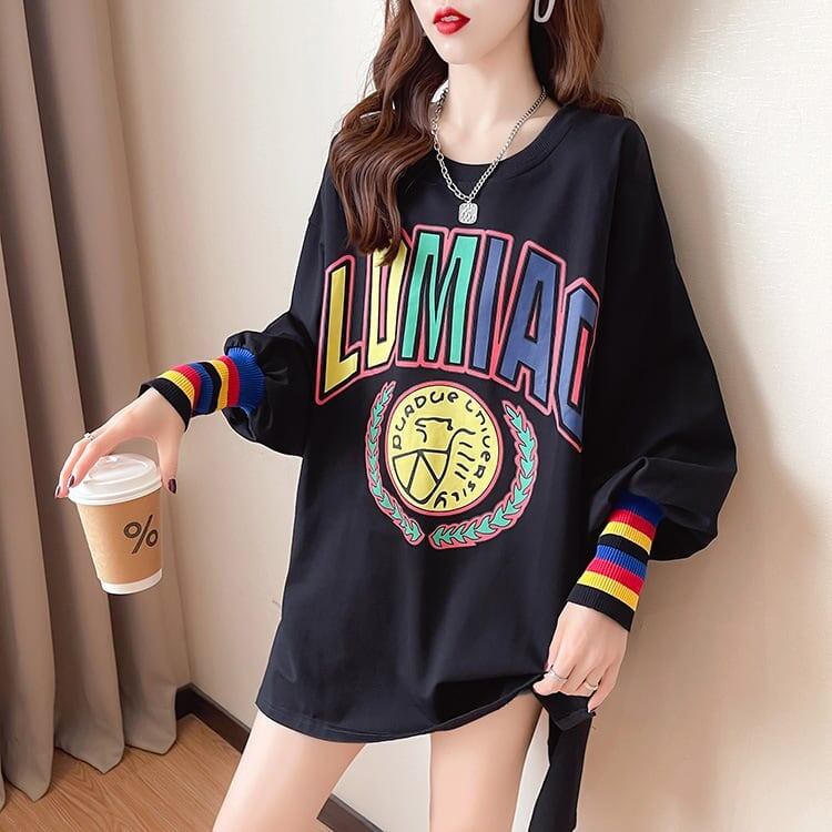 着?せ グラフィックプリント 虹色 ロング長袖Tシャツ 三色トップス＜F-4107＞
