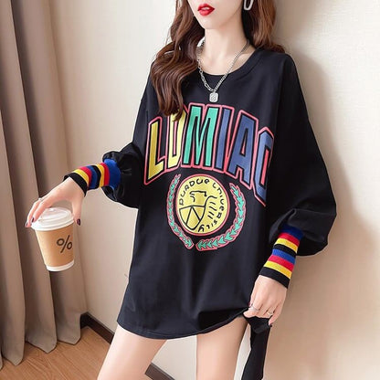 着?せ グラフィックプリント 虹色 ロング長袖Tシャツ 三色トップス＜F-4107＞