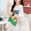 デザインセンス中空プリントTシャツルーズトップス<F-2877>