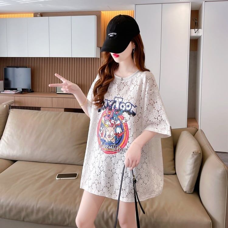 ハイエンドデザインセンスレース中空ルーズミドル丈半袖Tシャツ<F-3035>