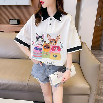 デザインセンスゆったりプリントトップラペルTシャツポロシャツ<F-2898>