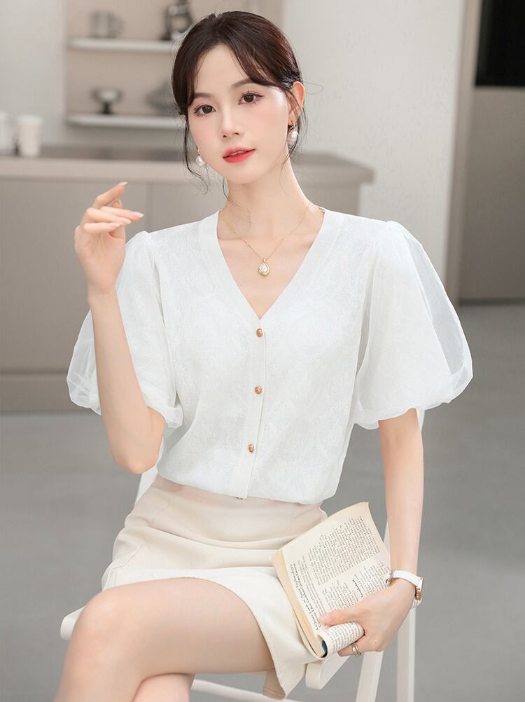 新商品 好感度UP 上質 パフスリーブ 全2色 ニット半袖カーディガンF-8817