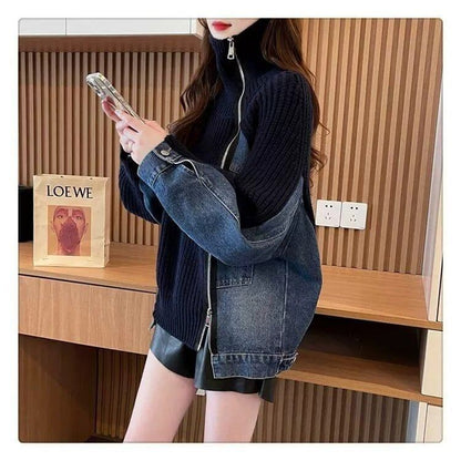 超人気商品ハイネック   切り替えニットゆったりデニムジャケット全2色コート<F-4641>