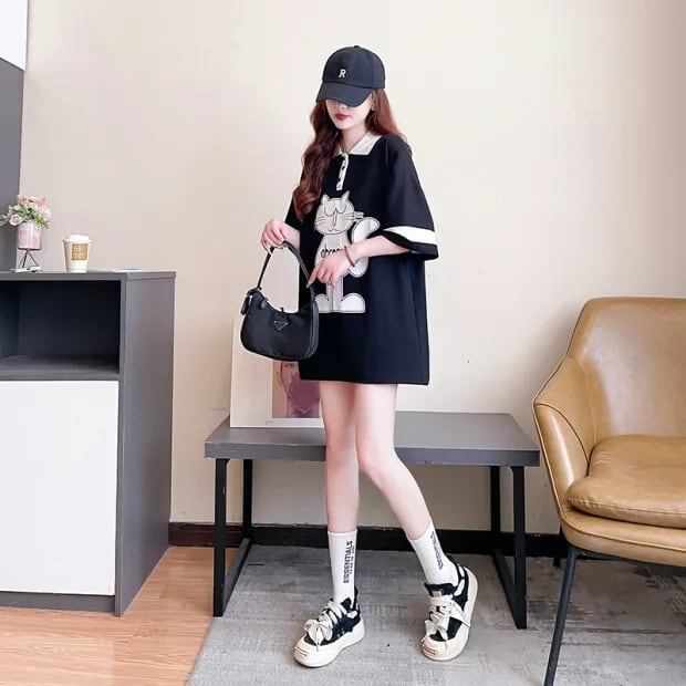 韓国系   POLOネック プリントTシャツ ゆったり半袖 ＜F-2894＞