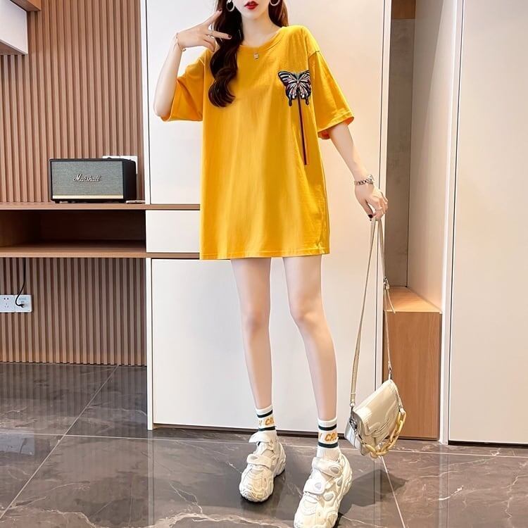 最新デザインセンス刺繍純綿ルーズ半袖Tシャツ<F-2949>
