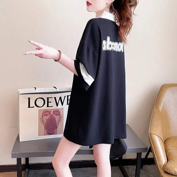 韓国系   POLOネック プリントTシャツ ゆったり半袖 ＜F-2894＞