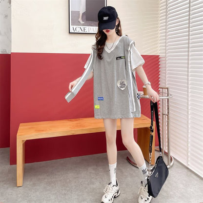 おすすめ アバンギャル 大活躍 ドレイヤード風 切り替え 全2色 半袖TシャツF-8752