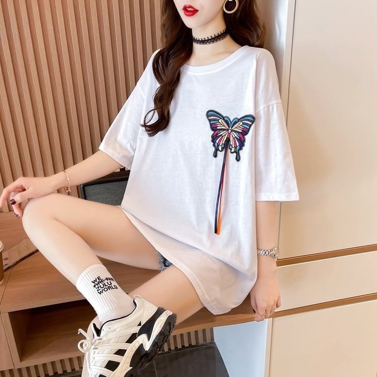 最新デザインセンス刺繍純綿ルーズ半袖Tシャツ<F-2949>