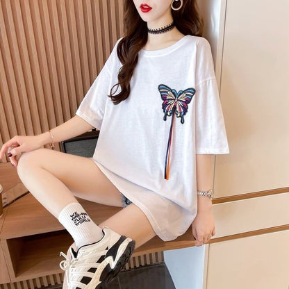 最新デザインセンス刺繍純綿ルーズ半袖Tシャツ<F-2949>