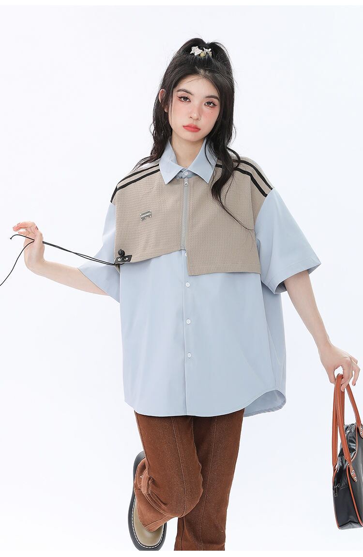 期間限定 ファッション 個性派 レイヤード風 切り替え プリント全3色 男女兼用 半袖TシャツF-9044