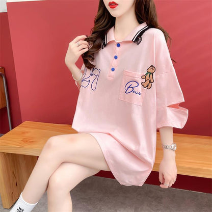 POLOネック   ベアー ロング Tシャツ 三色 ゆったりワンピース＜F-3991＞