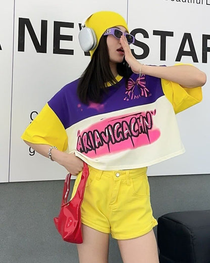 着回し力抜群 切り替え三色 韓国系 ゆったり半袖Tシャツ ＜F-8455＞