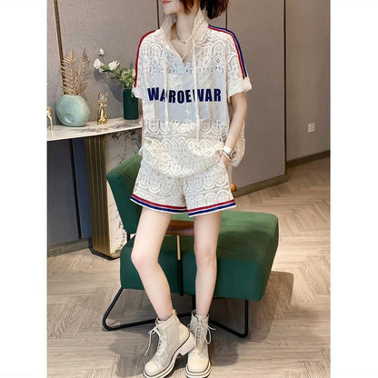 好感度UP カジュアル 上品 レース 透かし彫り 切り替え 半袖Tシャツ ショートパンツ セットアップ ＜F-8807＞