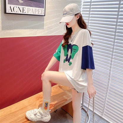 気質漫画カラーマッチング偽ツーピース半袖Tシャツ<F-2997>