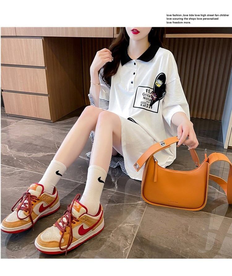 POLOネック 切り替え ストライプ柄 ロング Tシャツ ゆったりワンピース ＜F-3031＞