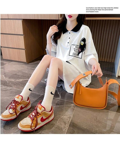 POLOネック 切り替え ストライプ柄 ロング Tシャツ ゆったりワンピース ＜F-3031＞