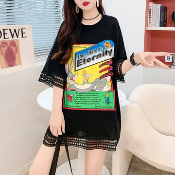 デザインセンス中空プリントTシャツルーズトップス<F-2877>