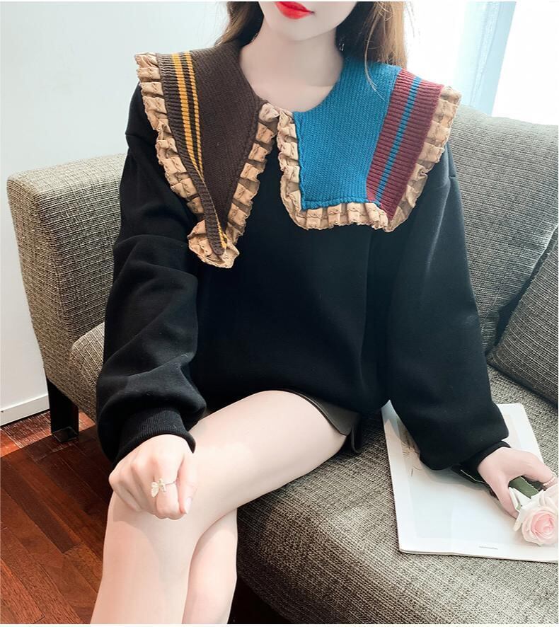 【秋の初めの割引！！】好感度UP   折り襟 配色 スウェット長袖Tシャツ＜F-3999＞